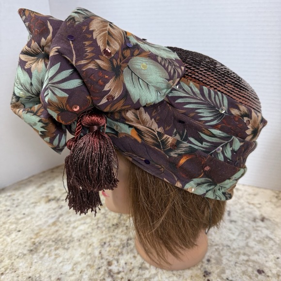 Vintage Sequin Pillbox Hat Oversized Bow Tassel Floral Church Derby Pageant